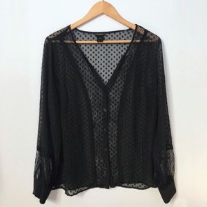 ANN TAYLOR • black sheer polka dot lace button top